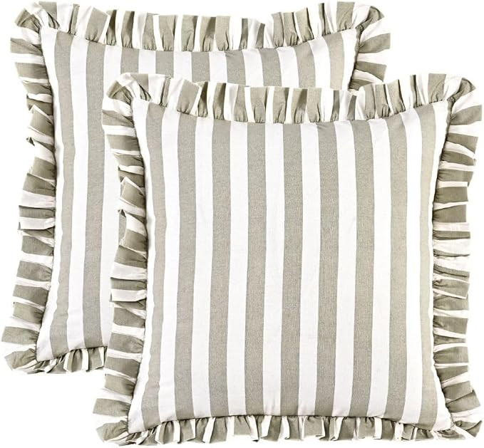 CPC Grey Striped Print Cotton Ruffle Decorative Throw Covers with Hidden Zipper 20x20 Inch Set of... | Amazon (US)