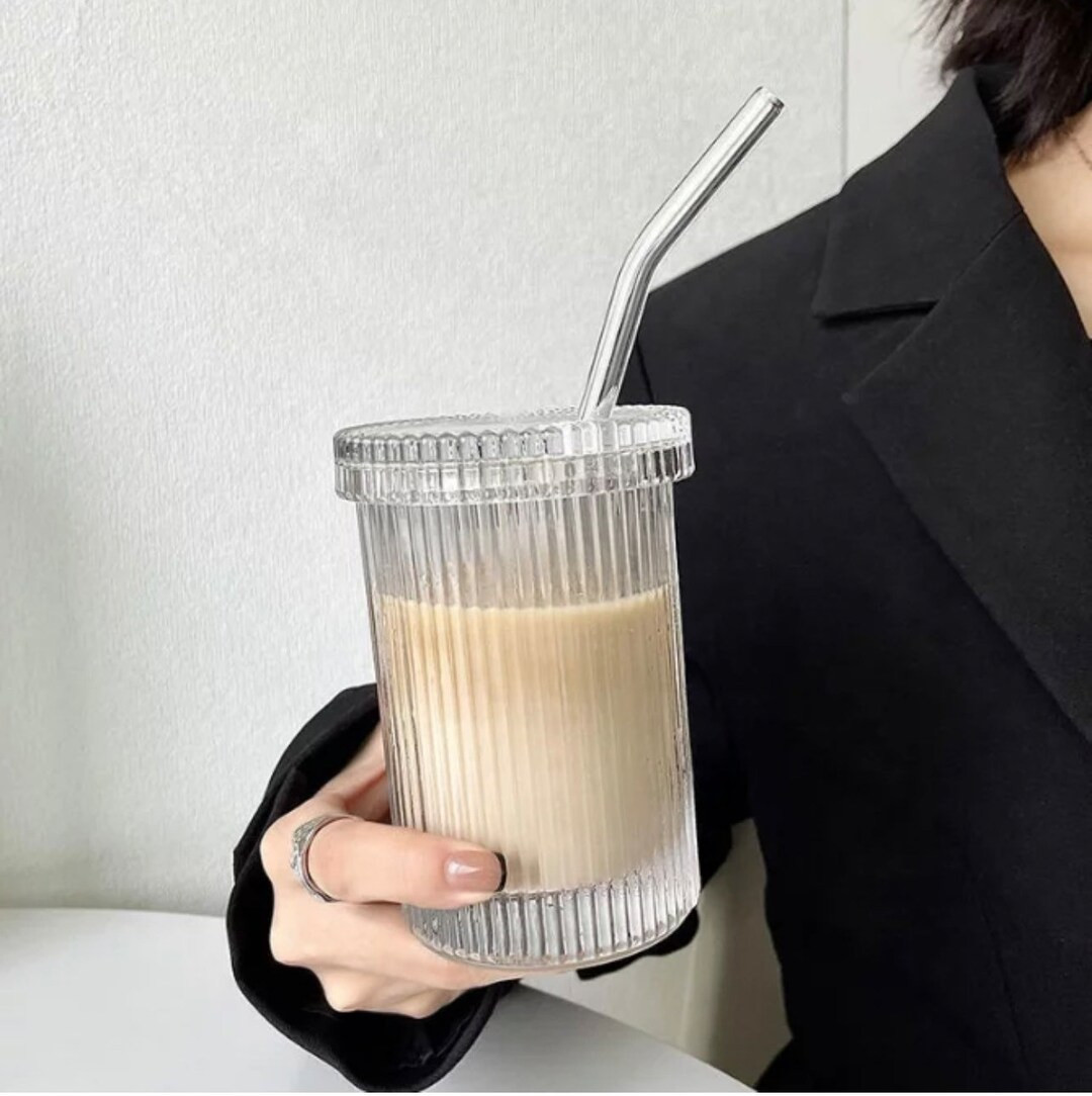 Ribbed Glass With Straw Glass Coffee Cup Rubbed Coffee - Etsy | Etsy (US)