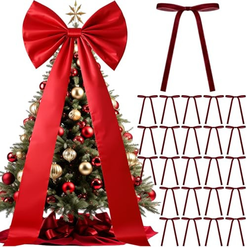 Daifunli 71 x 20 Inch Giant Red Bow Christmas Tree Topper with 24 Pcs Velvet Christmas Bow Extra Large Xmas Tree Topper Decor for Holiday and Home Wreath Wall Backdrop Decor | Amazon (US)