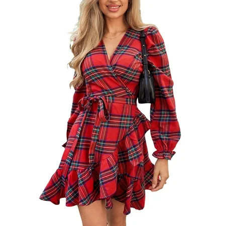 Cupshe Women's Red Plaid Blouson Sleeve Ruffle Cuff Wrap Mini Dress, Size S-XL | Walmart (US)