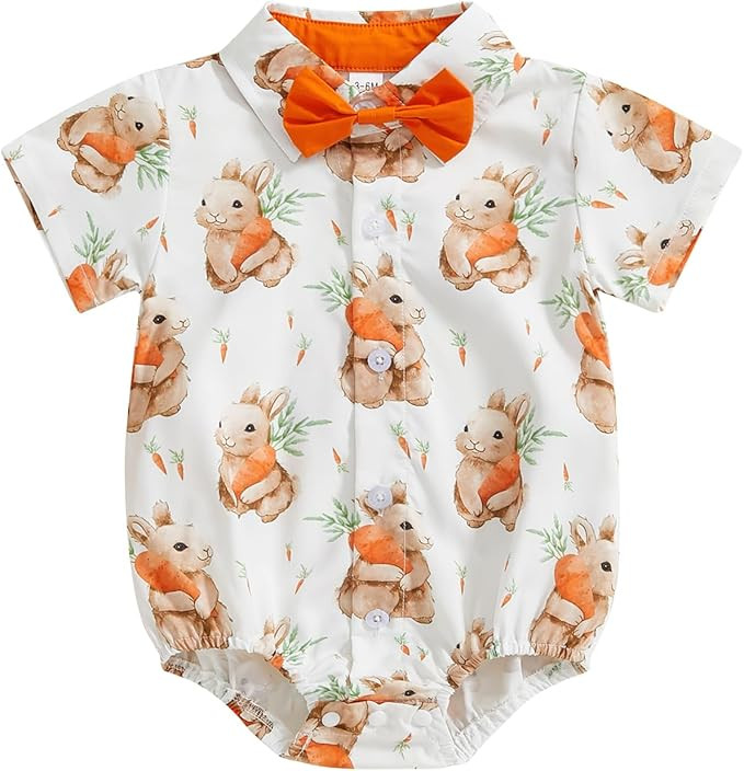 Baby Boy Easter Outfit Bunny Bunny/Carrot/Chick Print Dress Shirt Bodysuit Lapel Button Short Sle... | Amazon (US)