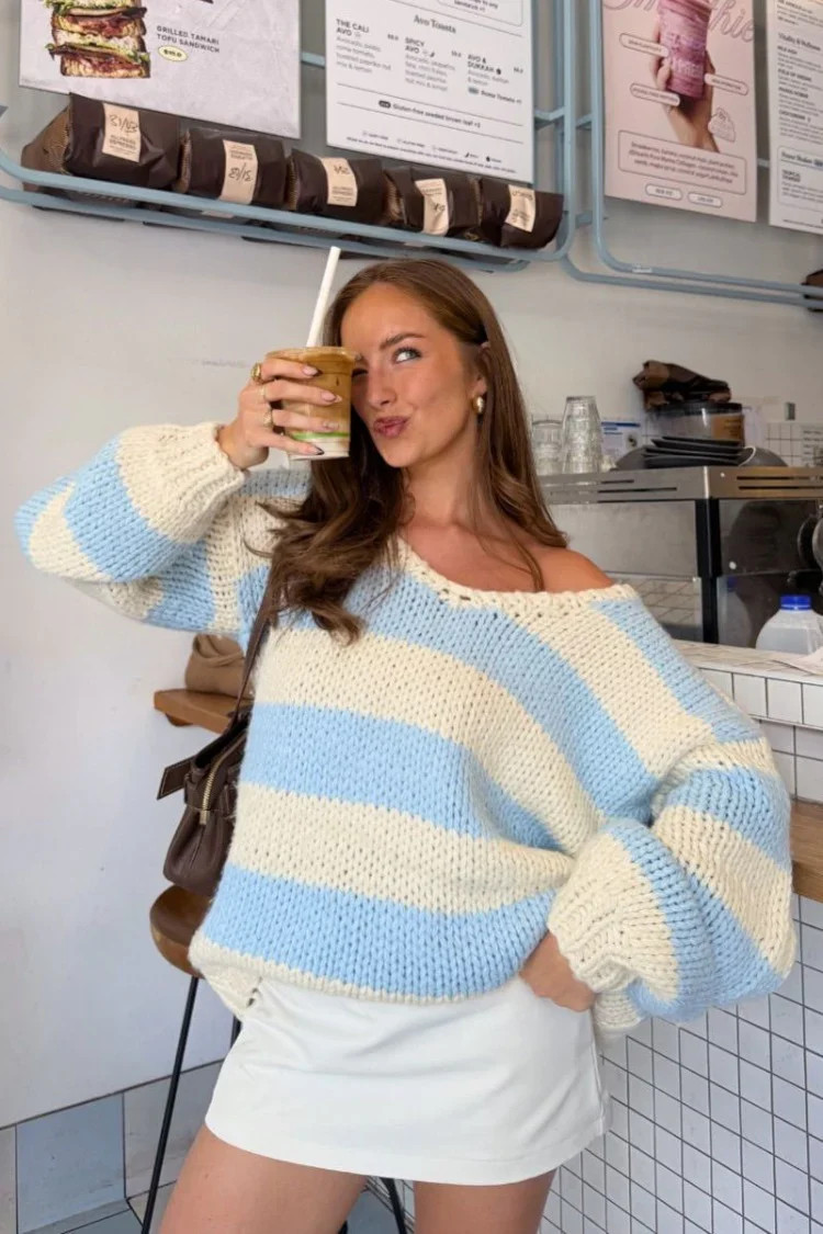 Delvey Light Blue Striped Chunky Knit Sweater | Beginning Boutique (US)