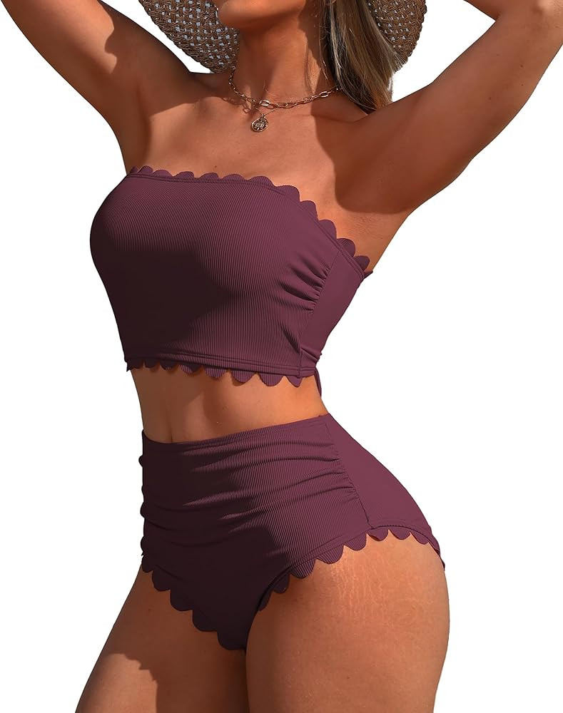 Charmo Strapless High Waisted Bikini Sets for Women Tummy Control Scallop Ribbed Bandeau Swimsuit... | Amazon (US)