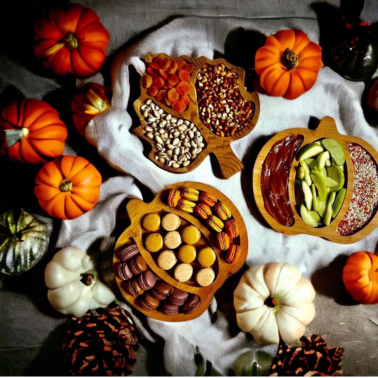 Fall snack boards never looked so good 🍂 These autumn-shaped wooden trays are filled with cozy seasonal treats — from dried apricots and pistachios to caramel apple slices, festive sprinkles, and pumpkin-spice macarons. Perfect for Thanksgiving grazing, cozy movie nights, or a harvest-themed gathering. Style them with mini pumpkins and soft linens for that warm fall glow.

#LTKhome #LTKholiday #LTKentertaining #LTKseasonal #LTKfall #LTKparty #LTKkitchen #LTKtabletop #LTKsnacks #LTKhosting #fallhomedecor #falldecorideas #thanksgivingentertaining #autumnvibes #snackboardideas #charcuterieinspo #cozyhome #pumpkinseason #grazingboard #fallstyle