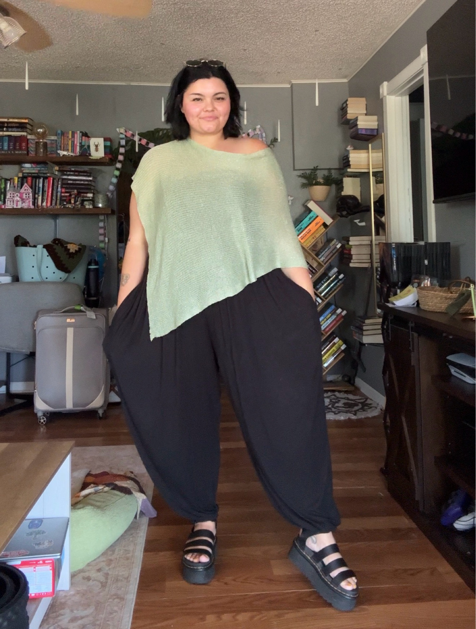 i’m wearing a 1x in the halara romper as a size 16 bottom / 2x top and i’m wearing a large in the poncho (I found the one closest to what I have on, I got mine from tiktok!) ! also the docs I sized down! 🖤

#LTKootd #LTKgrwm #LTKmomlife