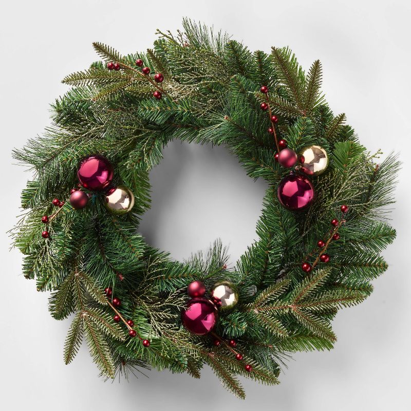 28in Unlit Shatter-Resistant Berry Greenery Artificial Christmas Wreath Burgundy/Gold - Wondersho... | Target