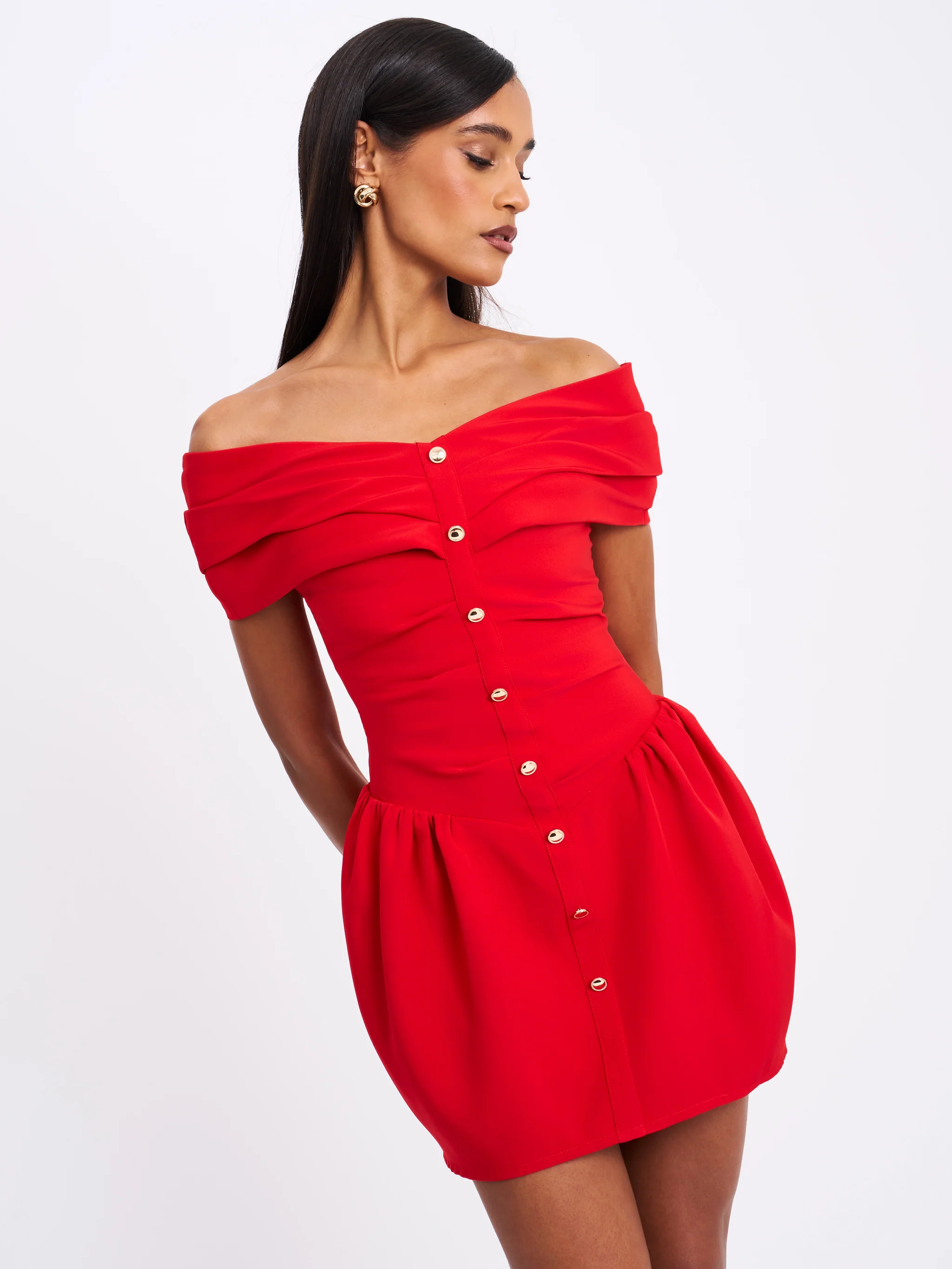 Cait Red Off Shoulder Drop Waist Mini Dress | Miss Circle
