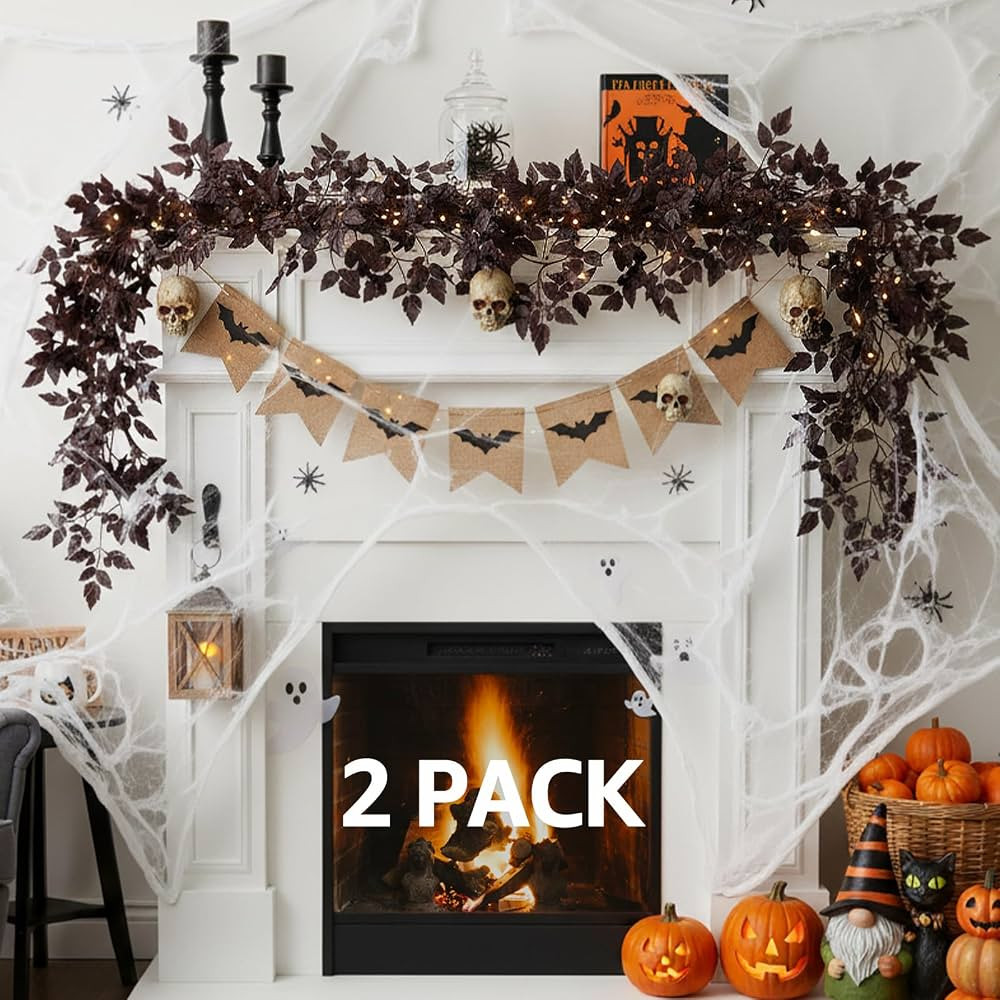 Neutral Fall Garland for Mantle Fireplace - 2 Pack 6Ft Plum Cimicifuga Seeded Leaf Garlands Purpl... | Amazon (US)