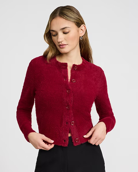 Fuzzy Crew Neck Button Front Cardigan | Express