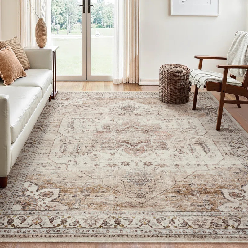 Soft Oriental Vintage Washable Distressed Area Rug - Beige | Wayfair North America