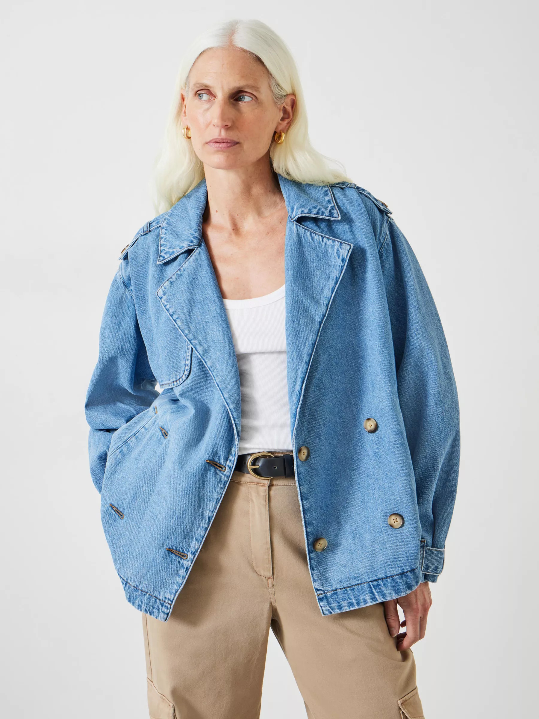 HUSH Yasmin Short Denim Trench Jacket, Light Blue | John Lewis (UK)