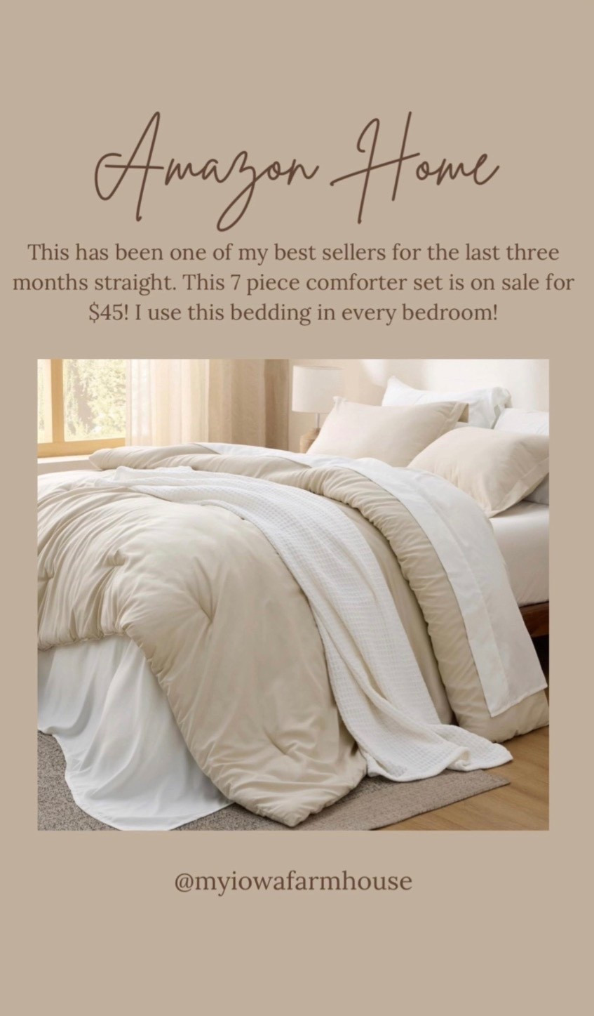 I own several of these 7 piece bedding sets! They are so affordable, and I love the thickness of the comforter. It is not too thick and not too thin. The sheets are super soft as well. Amazing quality for the price! This is a perfect neutral color. I literally use them in every bedroom! And if you don’t need the sheets, the 3 piece set for just the comforter and pillow covers are on sale for  $33!￼

#LTKSaleAlert #LTKHome