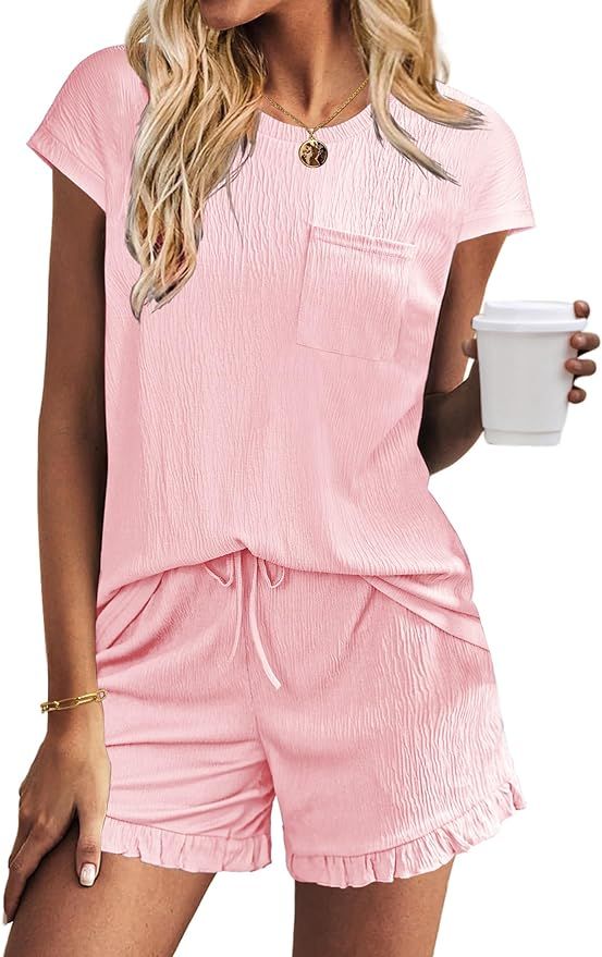 Ekouaer Womens Pajama Set Cap Sleeve Lounge Set Tops and Ruffle Shorts Pj Sets Casual Sleepwear w... | Amazon (US)