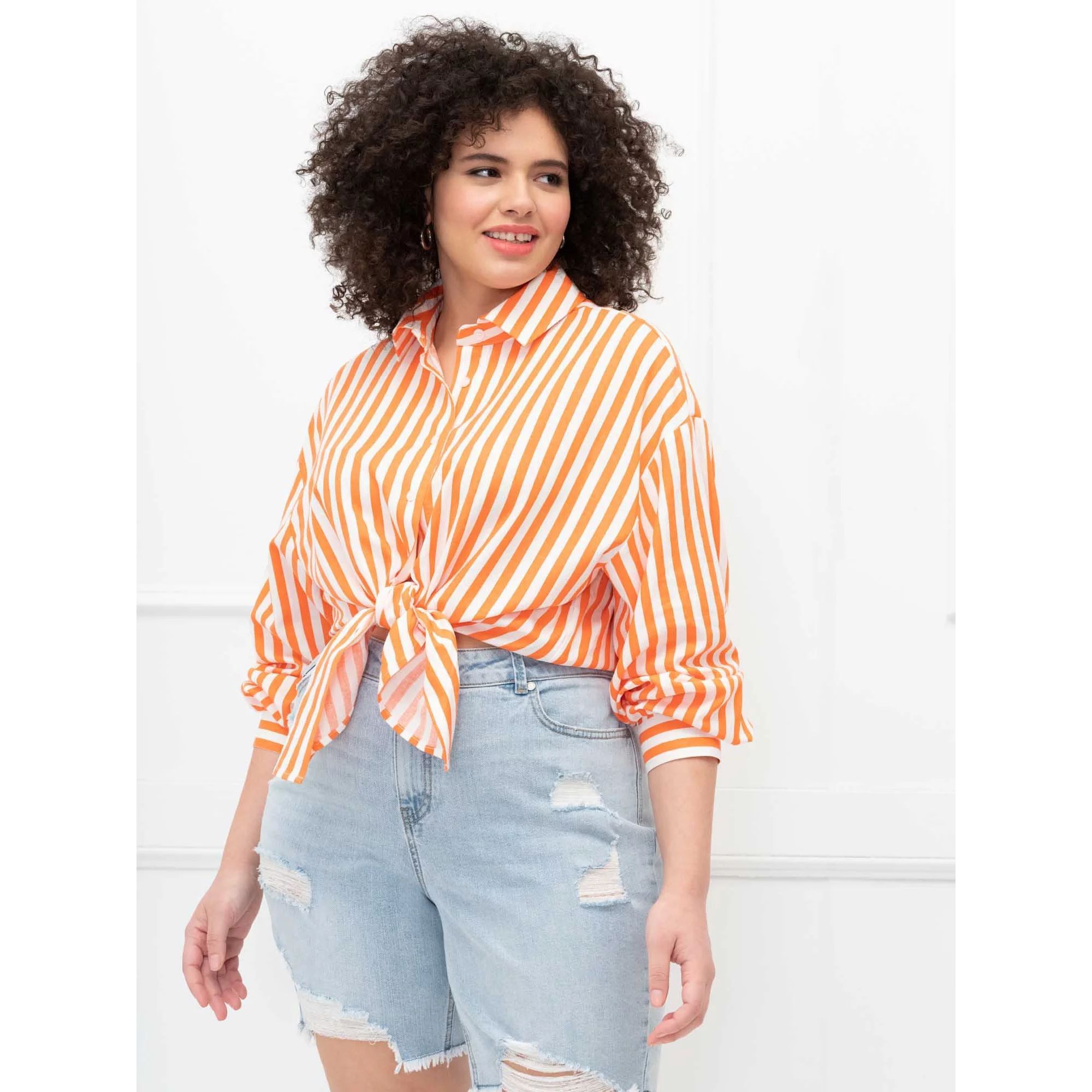 ELOQUII Elements Women's Plus Size Striped Tie-Front Button Down Shirt | Walmart (US)