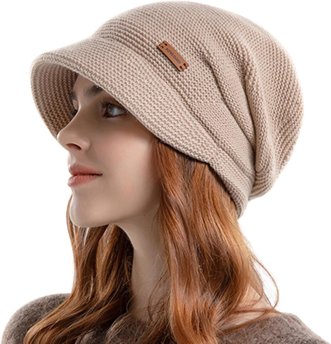 Women Fleece Lined Knitted Hat with Visor Brim, Winter Slouchy Cable Knit Beanie Newsboy Cap for ... | Amazon (US)