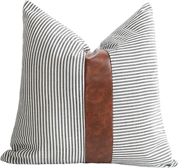 Merrycolor Farmhouse Decorative Throw Pillow Covers for Couch Stripe Faux Leather Accent Pillow C... | Amazon (US)