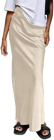 Amy Babe Saia maxi feminina de cetim seda cintura alta elegante cintura elástica saia longa linh... | Amazon (BR)