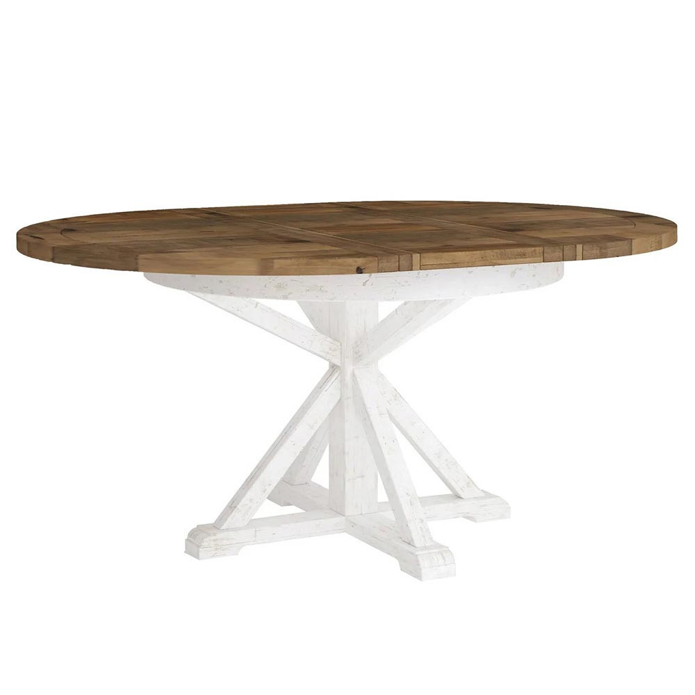 Pam Rustic Lodge Brown Pine Wood White Base Extendable Round Dining Table - 47-63"W | Kathy Kuo Home
