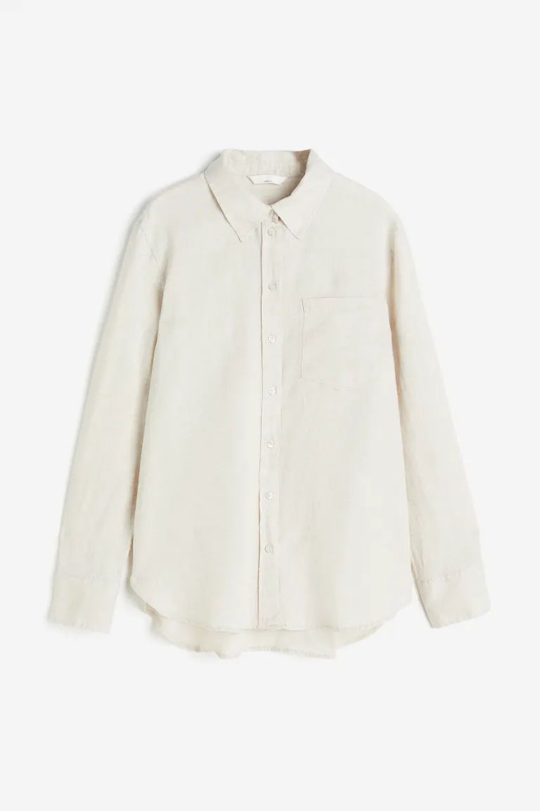 Linen shirt - Long sleeve - Regular length - Light beige - Ladies | H&M GB | H&M (UK, MY, IN, SG, PH, TW, HK)