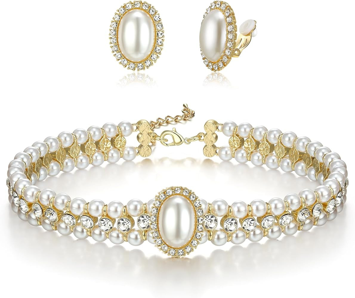 BriLove 1920s Costume Jewelry Set for Women,Vintage Multilayer Simulated Pearl Crystal Necklace B... | Amazon (US)