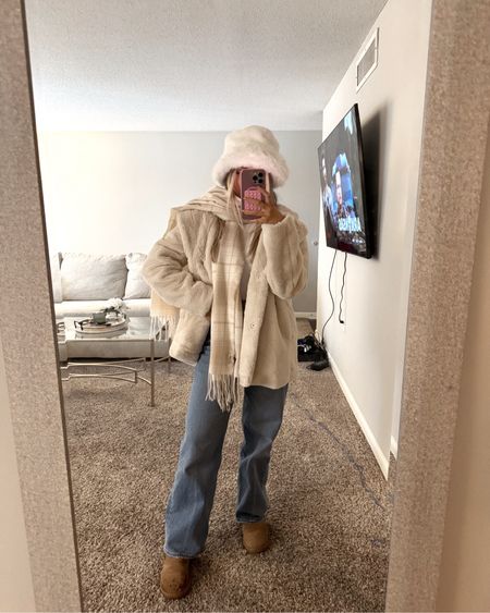winter outfit inspo. affordable fur coat. bucket hat. abercrombie denim. cozy. casual. ugg boots. 

#LTKfindsunder100 #LTKfindsunder50 #LTKSeasonal