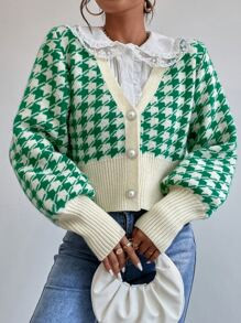 Houndstooth Pattern Bishop Sleeve Cardigan
   SKU: sw2206280334289893      
          (4 Reviews)... | SHEIN