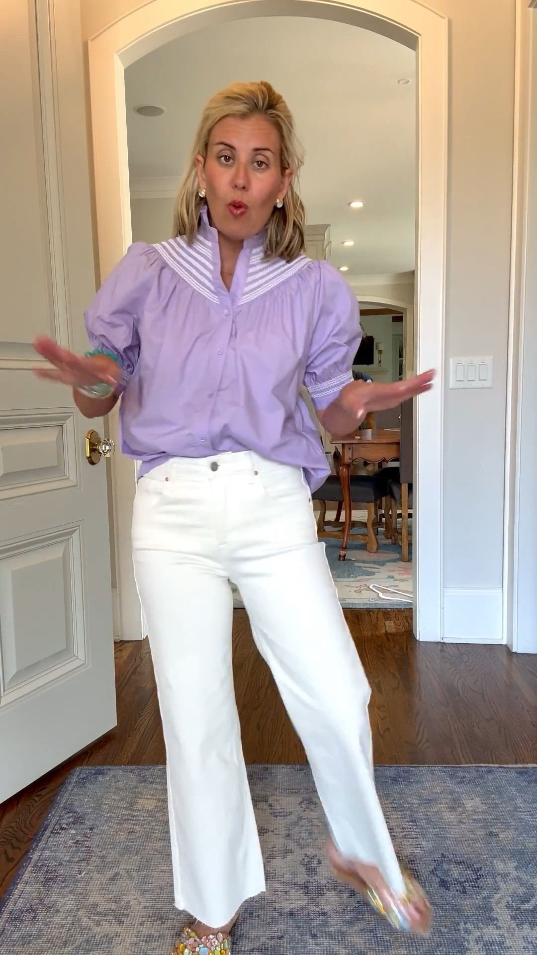 I’m loving this lavender top with designer vibe details! I’m is small top, 26 jeans & 7 sandal (I sized 1 down). 

#LTKmomlife #LTKSeasonal #LTKOver40
