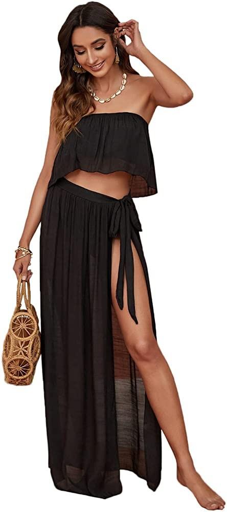 Verdusa Women's 2 Piece See Through Bandeau Top and Tie Side Long Skirt Cover Up Set | Amazon (US)
