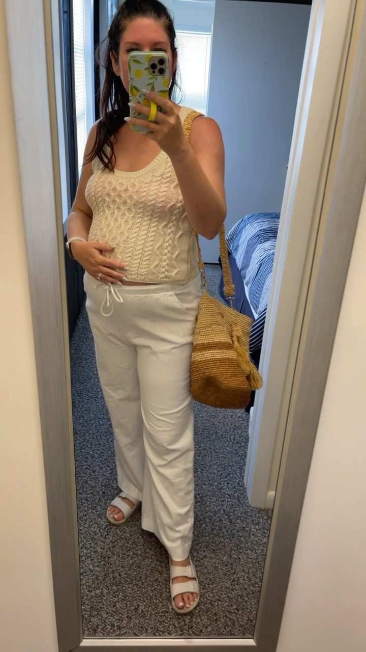 Bump friendly fall transition beach outfit, maternity

Sweater tank, white linen drawstring pants

Wearing size medium in sweater top and pants

#LTKSeasonal #LTKmidsize #LTKbump