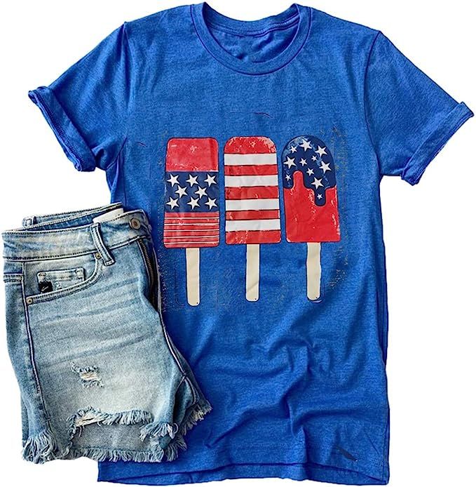 Woffccrd Womens American Flag Popsicle T-Shirts Tops 4th of July Patriotic Funny Graphic Tees | Amazon (US)