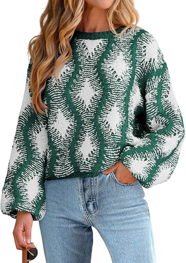 Saodimallsu Womens Christmas Sweaters Color Block Crew Neck Chunky Knit Long Lantern Sleeve Cozy ... | Amazon (US)