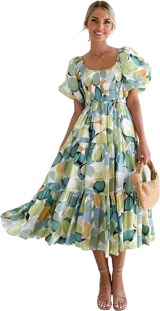 Vacation Chic Bubble Sleeve Floral Maxi Dress Slimming High Waist Off-Shoulder Style | Amazon (US)