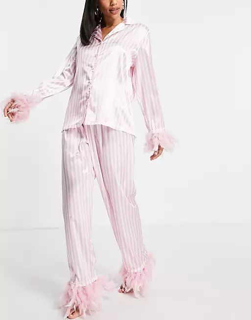 Night satin pajamas with detachable faux feather trim in pink stripe | ASOS (Global)