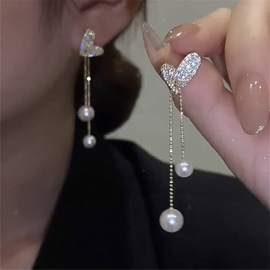 BETHYNAS Dainty Rhinestone Heart Long Tassel Earrings Elegant Pearl Drop Earrings Sparkly Pearl D... | Amazon (US)