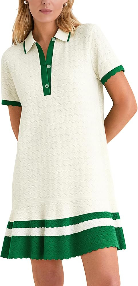 Shiyifa Crochet Hollow Polo Dress for Women Summer Short Sleeve Knit Dresses Casual Color Block S... | Amazon (US)