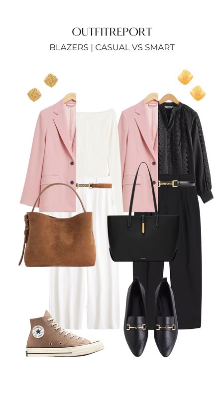 Pink blazer outfits white pullover top brown handbag white trousers black trousers black shirt loafers and converse all stars 

#LTKshoecrush #LTKitbag #LTKstyletip