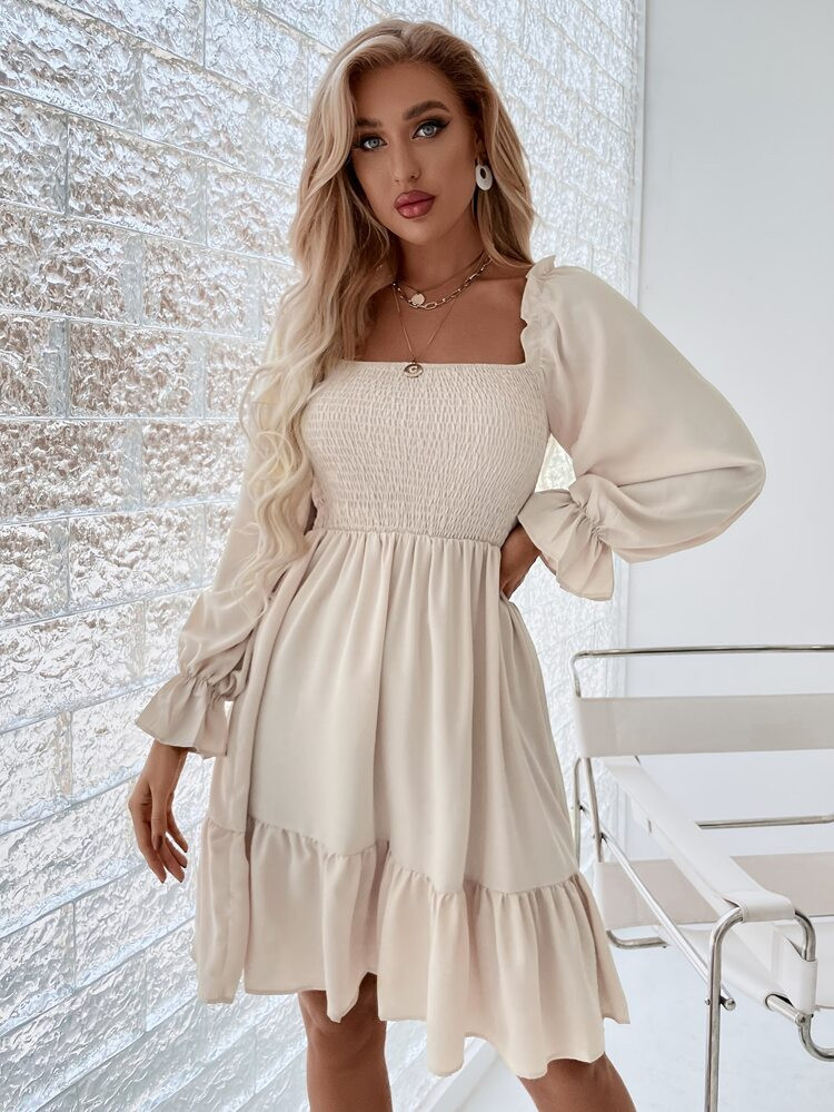 Square Neck Shirred Bodice Flounce Sleeve Ruffle Hem Dress | SHEIN