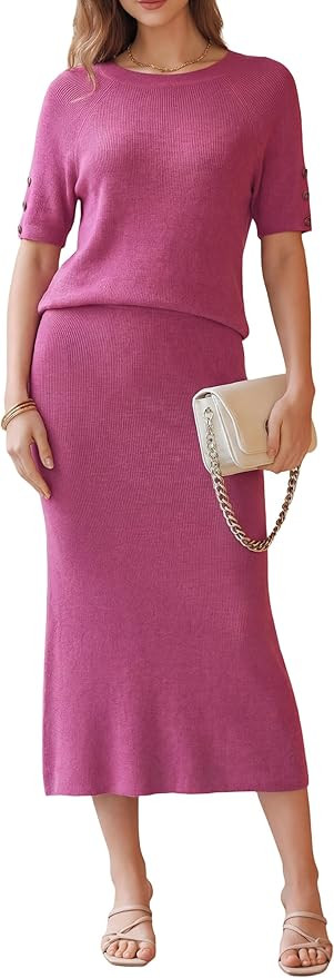 Arach&Cloz Women's Wool Blend Sweater 2 Piece Sets Business Casual Short Sleeve Top Midi Dress Ou... | Amazon (US)