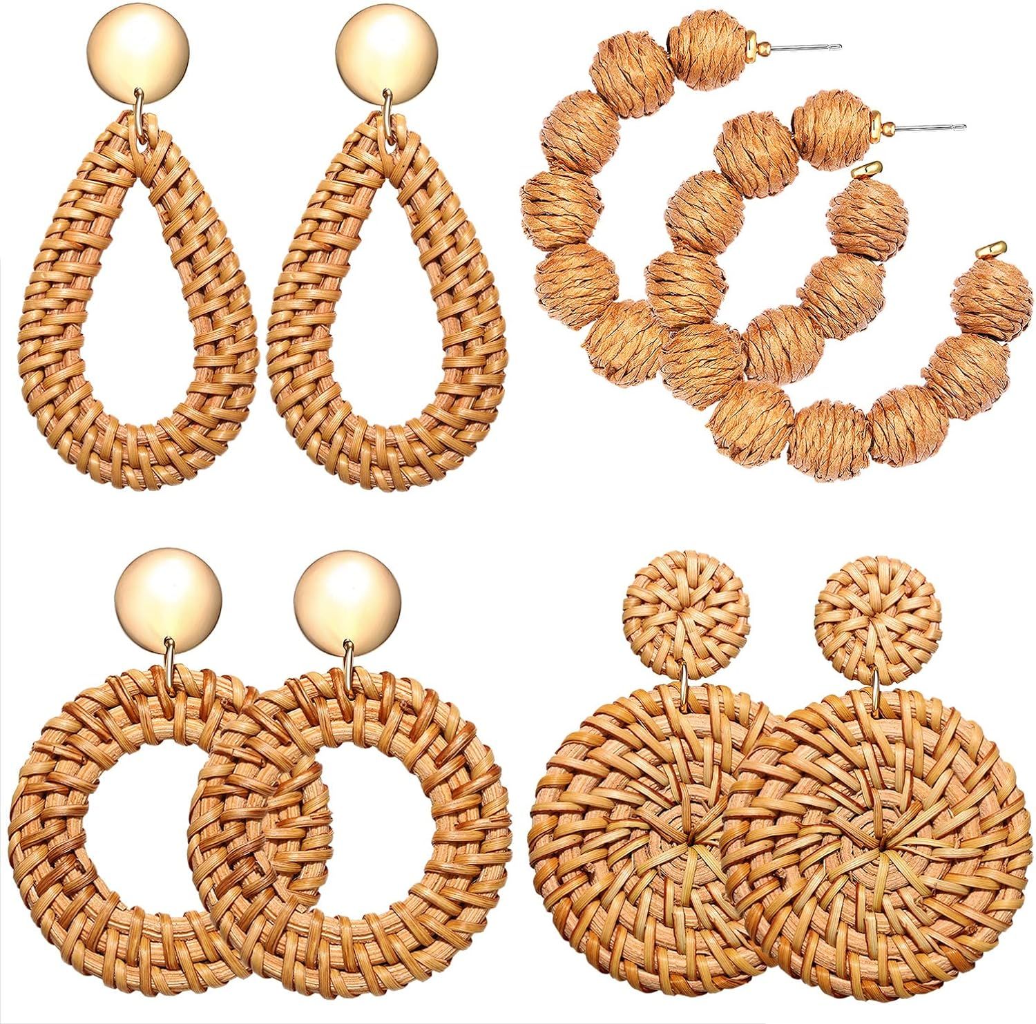 Rattan Earrings Boho Rattan Ball Hoop Earrings for Women Handmade Summer Beach Raffia Dangle Earr... | Amazon (US)