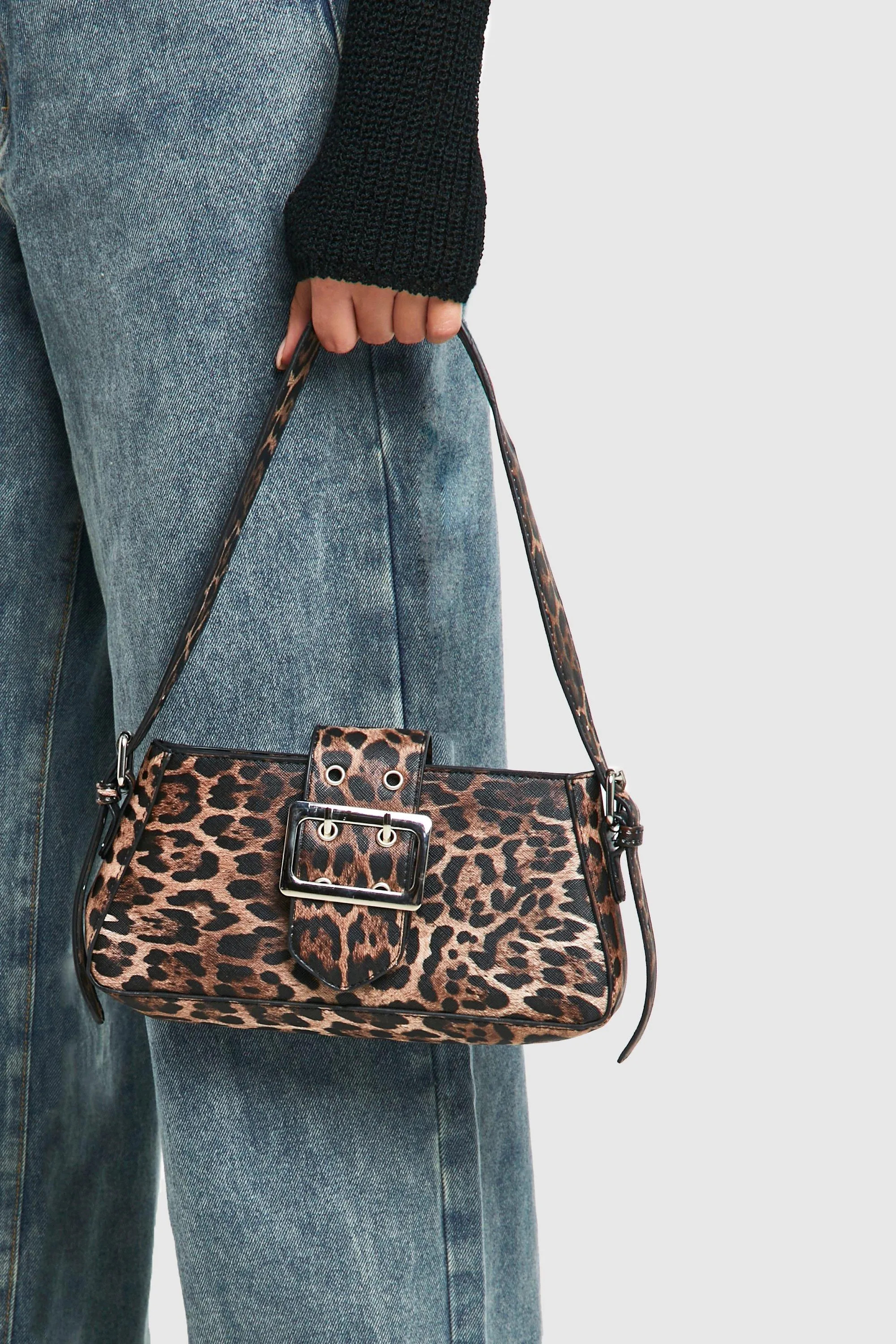 Buckle Detail Leopard Shoulder Bag | boohoo (US & Canada)