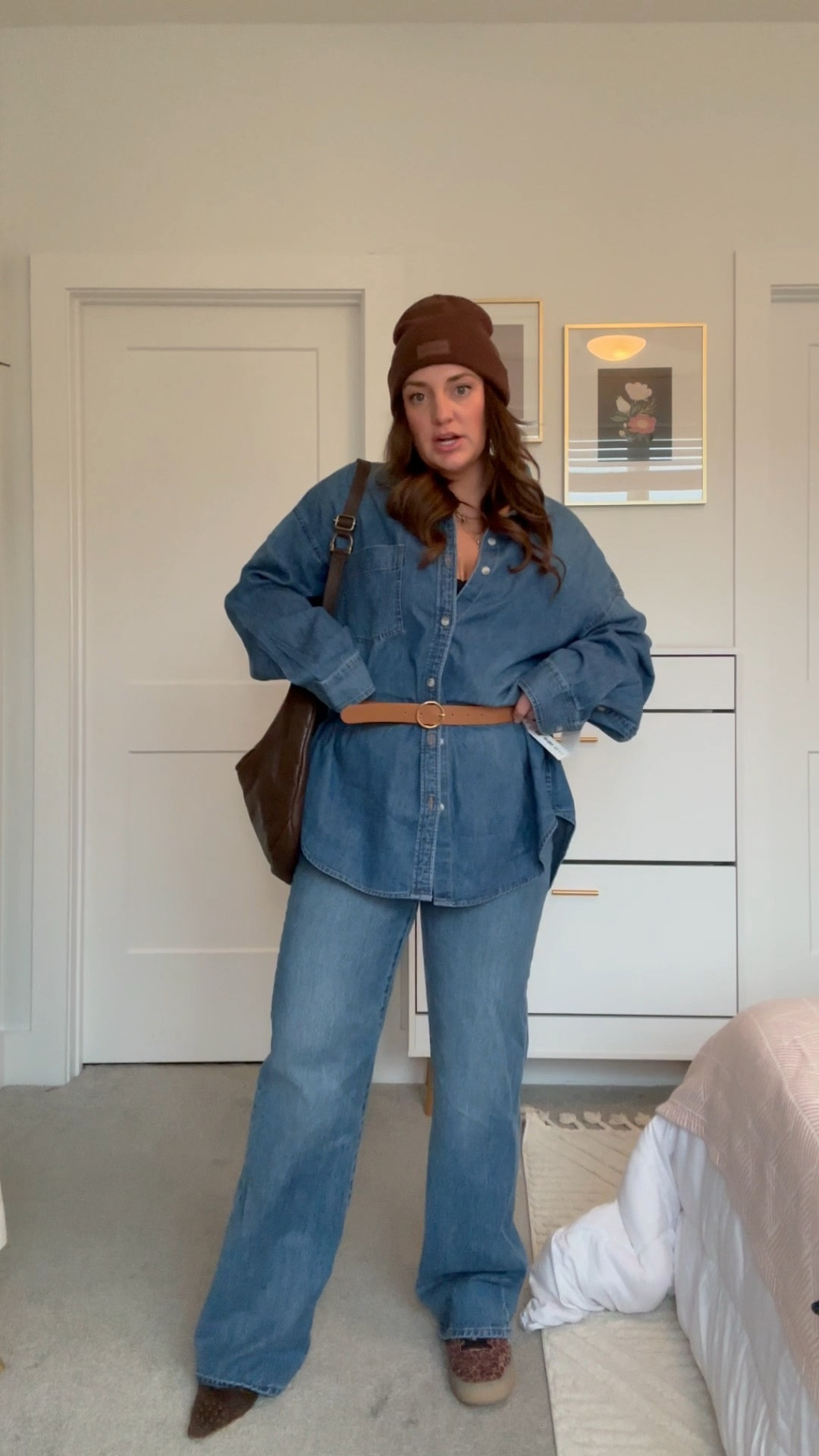 Do you like this denim on denim
Look? 
Should i wear the sneakers or the pumps? 
Wearing size XL in top & 30 in pants 

#LTKStyleTip #LTKWorkwear #LTKMidsize