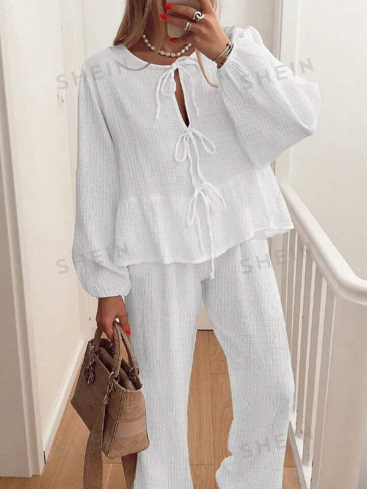 SHEIN LUNE Tie Neck Lantern Sleeve Peplum Blouse | SHEIN USA | SHEIN