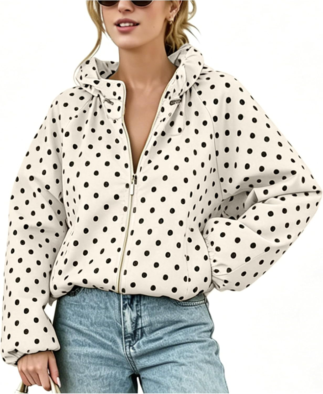 Womens Polka Dot Jacket Zip Up Cropped Bomber | Amazon (US)