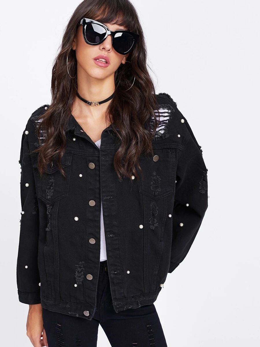 Pearl Beaded Ripped Jacket | SHEIN