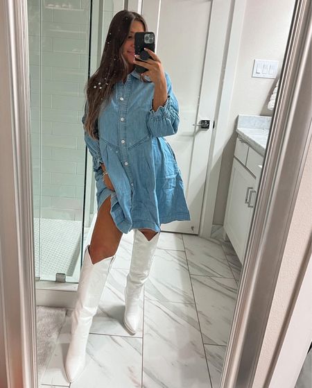 Denim dress white cowboy boots 