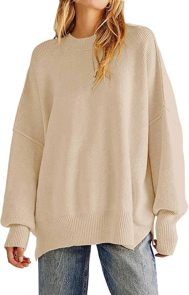 Women's Oversized Crewneck Sweaters Batwing Long Sleeve Side Slit Ribbed Knit Pullover Sweater To... | Amazon (US)