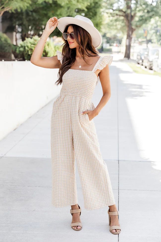 Country At Heart Beige Smocked Bust Gingham Jumpsuit | Pink Lily