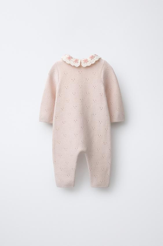 KNIT JUMPSUIT WITH CROCHET COLLAR AND EMBROIDERED FLOWERS | Zara US