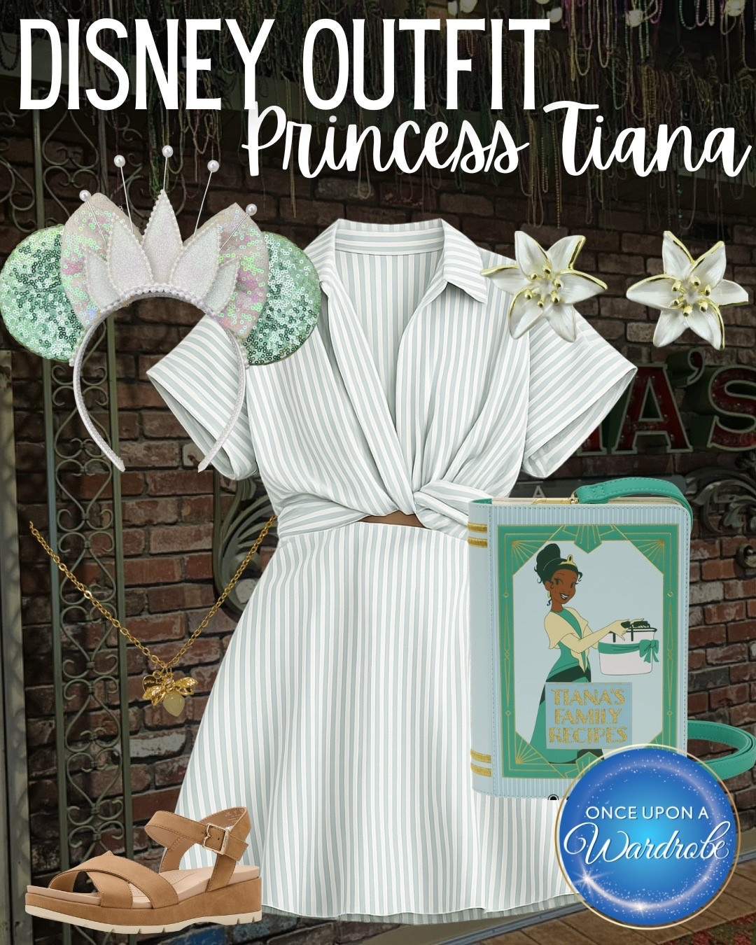 Princess Tiana outfit idea that feels polished, breathable, and perfect for a full park day 💚 This soft green striped dress is such an easy base—lightweight, flattering, and comfortable enough for walking around Magic Kingdom or enjoying Tiana’s Bayou Adventure. Paired with neutral platform sandals and subtle gold accessories, it keeps that elevated look without sacrificing comfort.

I love how the details pull in that Tiana inspiration without going full costume—just enough to feel themed while still being something you could wear on a regular day or even to brunch. The matching bag and ears tie everything together for a cohesive Disney park outfit that photographs beautifully.

Perfect for Walt Disney World, Disneyland, Princess Tiana Disneybound, and summer Disney outfit ideas. Shop this look for a comfortable, put-together Disney outfit that works all day in the parks.

#LTKTravel #LTKmomlife