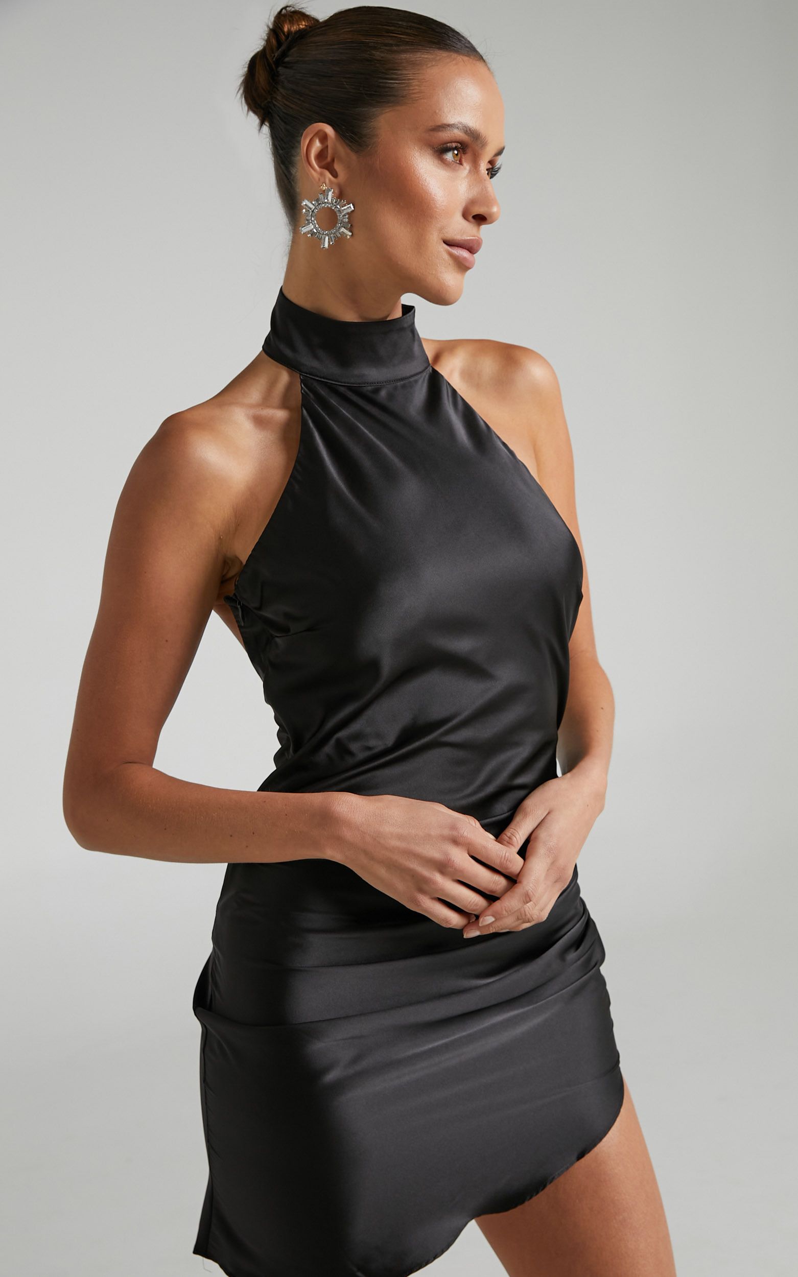 Kristelle Low Back Halter Mini Dress in Black | Showpo (US, UK & Europe)